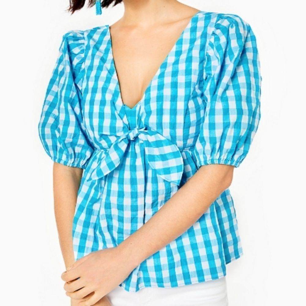 Lilly Pulitzer Sarafina Short Sleeve Gingham Top Blouse For Women's Size 6